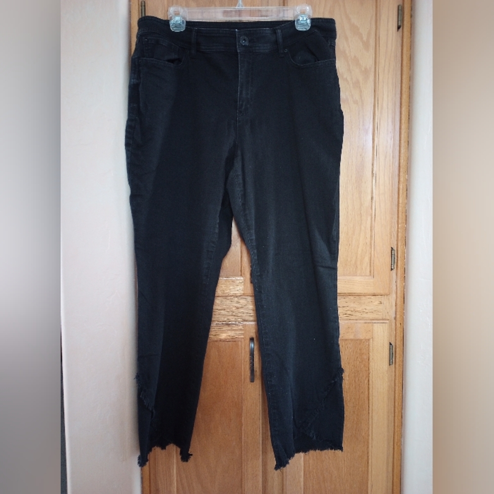INC International Concepts Black Straight Leg Jeans. Frayed Layers At The Bottom